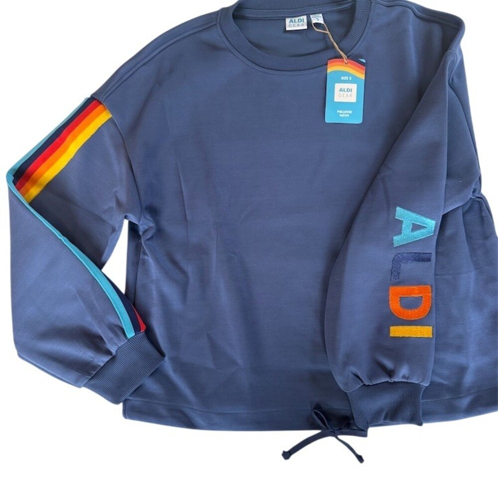 ALDI Gear Sweatshirt Womens Size S Navy Blue Crew Neck Rainbow Stripe Logo